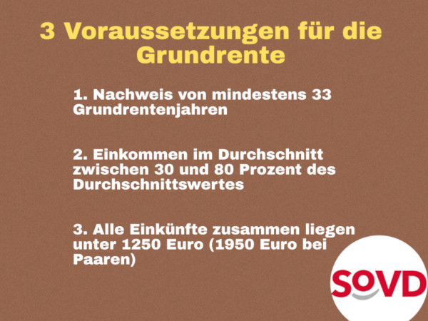 Um die Grundrente zu erhalten, müssen drei wesentliche Voraussetzungen erfüllt sein Um die Grundrente zu erhalten, müssen drei wesentliche Voraussetzungen erfüllt sein