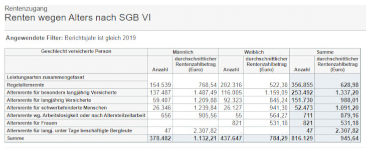 Rentenhöhe bei Rentenzugängen 2019 Screenshot über die durchschnittlichen Rentenhöhen bei Neuzugängen 2019